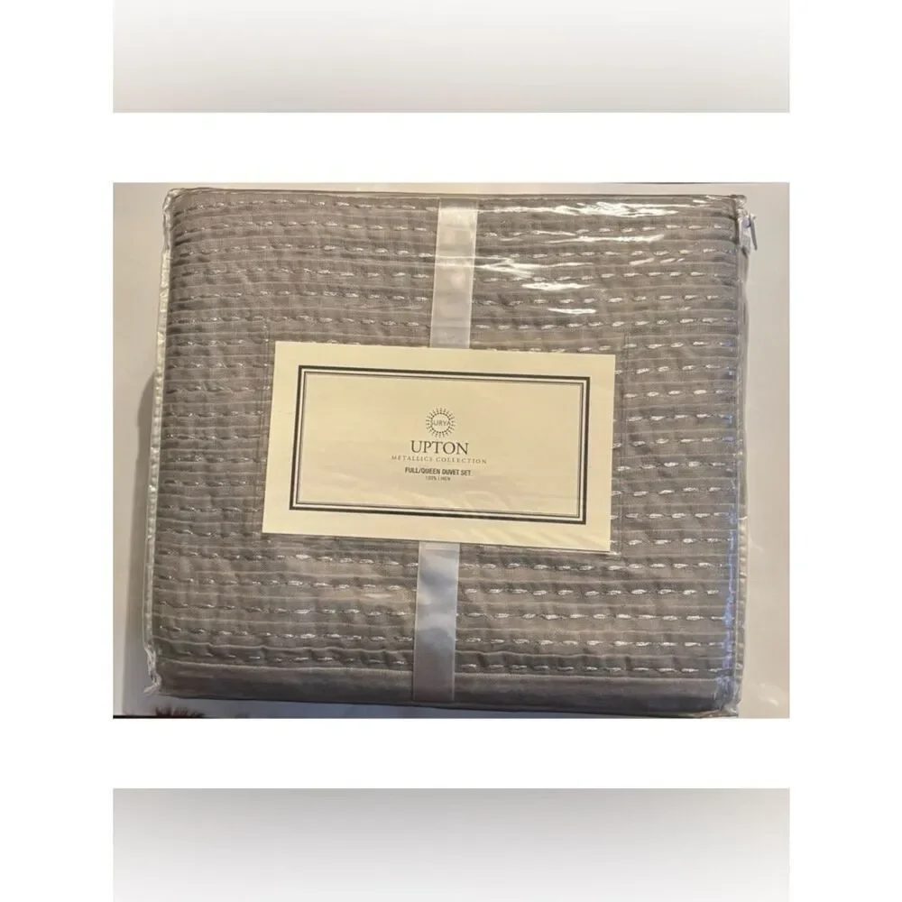 650$ New SURYA Upton Metallic Collection Linen Duvet Set Full/Queen